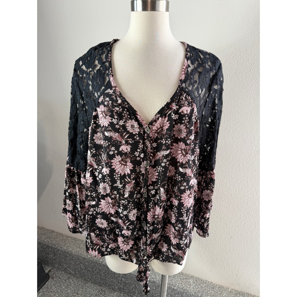 Knox Rose Women Plus XXL Floral Lace Trim V Neck Long Sleeve Blouse Top